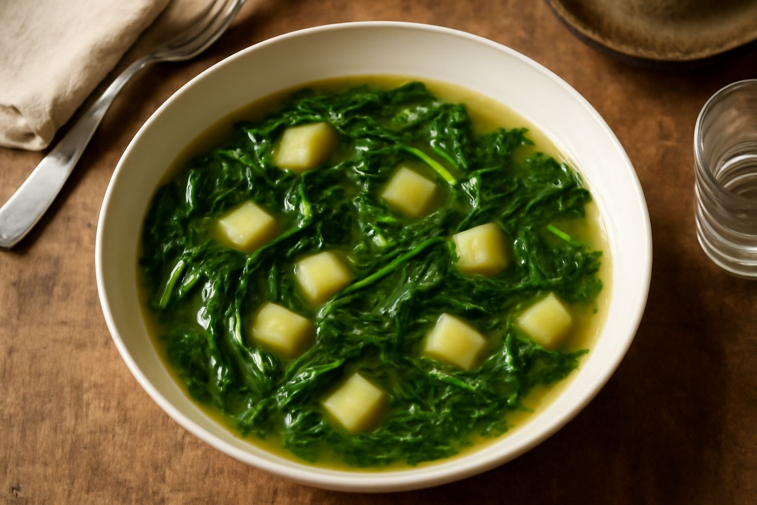 Una ciotola bianca di minestra di cicoria con cicoria verde scuro in brodo dorato, patate morbide, gocce di olio verde in superficie, servita con cucchiaio di legno su tavolo in legno naturale