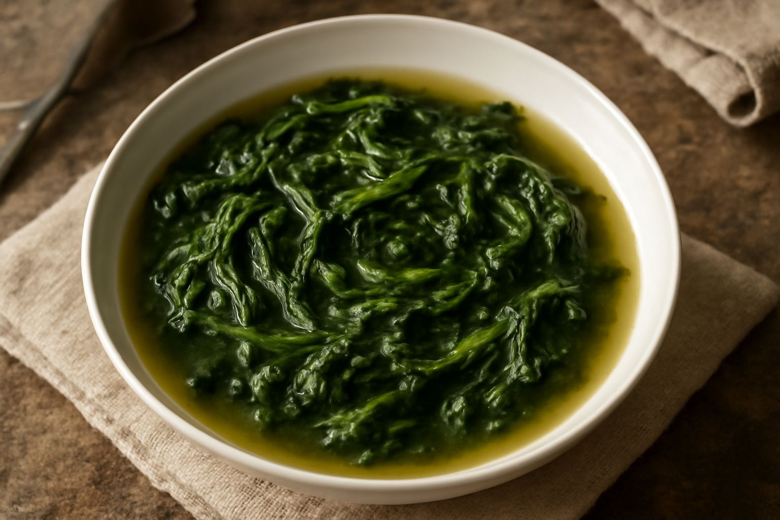 Minestra di cicoria in ciotola bianca, con cicoria verde scuro ripassata in olio, brodo trasparente, servita con fette di pane tostato accanto