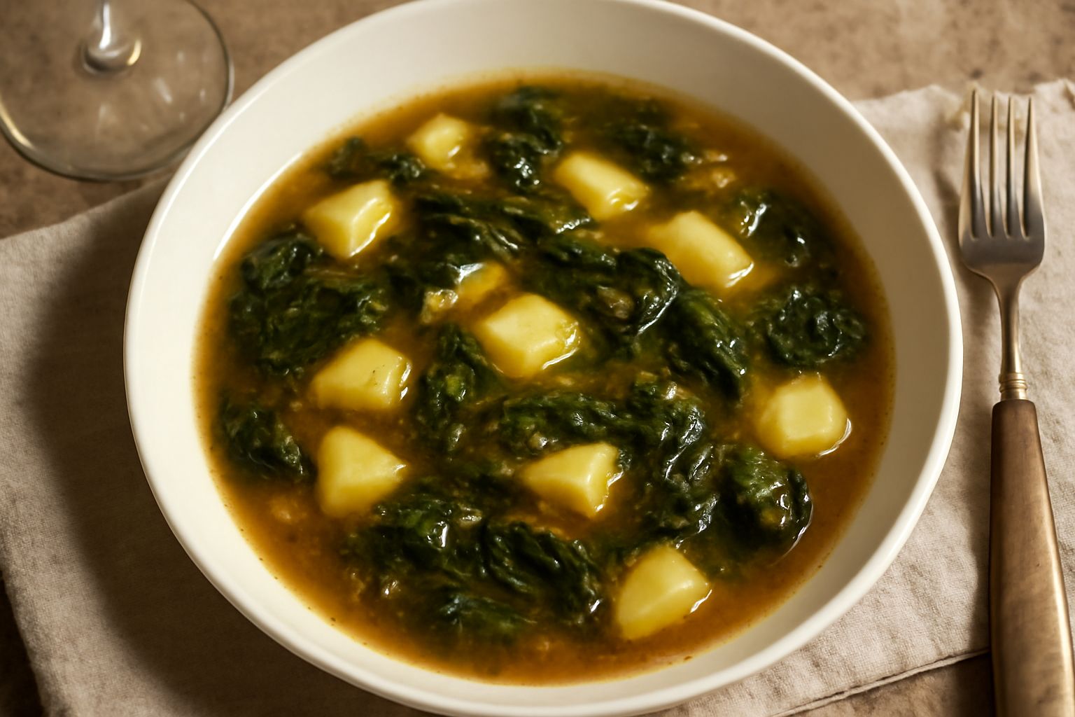 Minestra di cicoria di campo servita in ciotola bianca, brodo trasparente con pezzetti di patata crema e foglie di cicoria verde scuro, cucchiaio di legno appoggiato sul bordo, tovaglia color lino sul