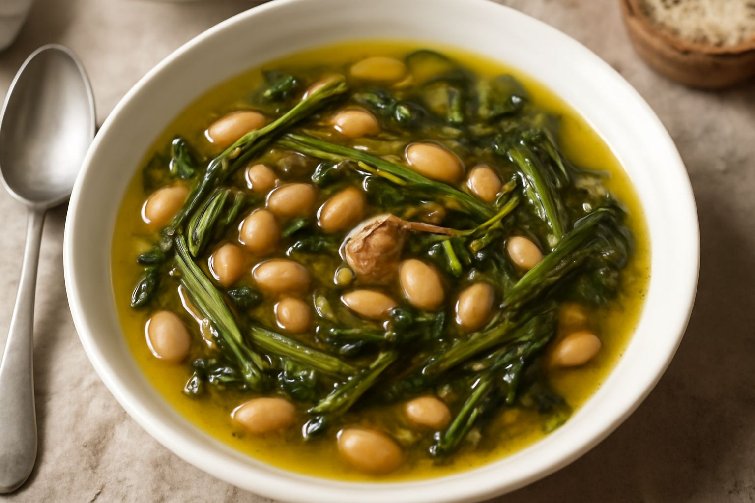 Minestra di cicoria e fagioli in ciotola di ceramica bianca, con cicoria verde scuro visibile fra i fagioli bianchi o rossi immersi in brodo trasparente, gocce di olio verde in superficie, cucchiaio d