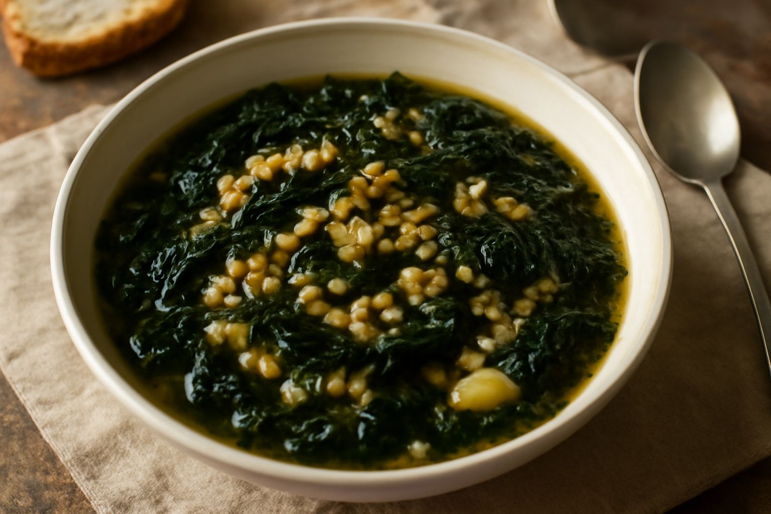 Minestra di cicoria e farro in una ciotola bianca: brodo trasparente con chicchi di farro bianchi, cicoria verde scuro, pezzetti di patata pallida, condita con un filo d'olio d'oliva e pepe macinato f