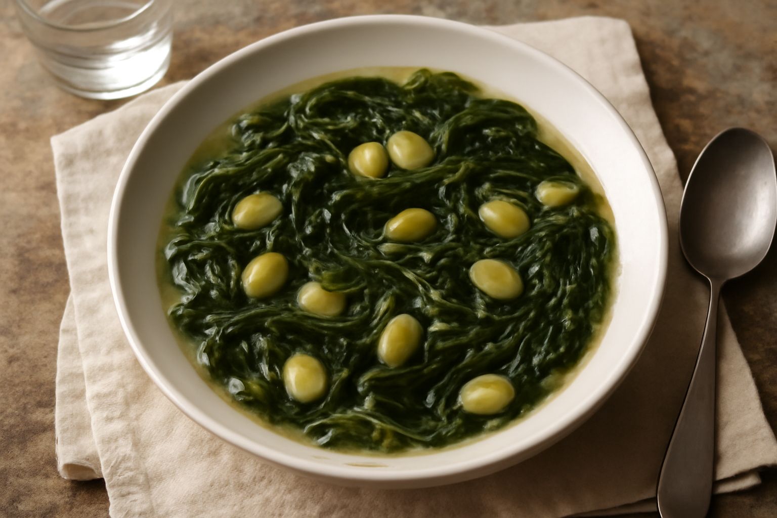 Una ciotola di ceramica bianca con minestra di cicoria verde scuro e fave gialle galleggianti nel brodo, un filo di olio d'oliva in superficie, pane tostato a lato