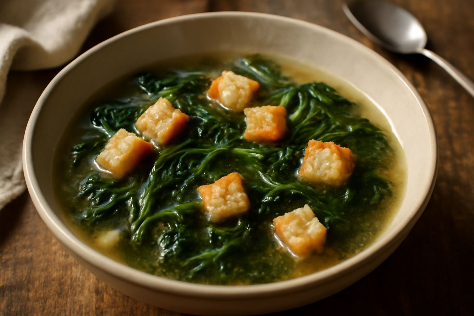 Una ciotola di ceramica bianca con minestra di cicoria: brodo trasparente con finiture dorate, cicoria verde scuro sopra, cubetti di pane tostato sparsi in superficie, cipolla morbida visibile, cucchi