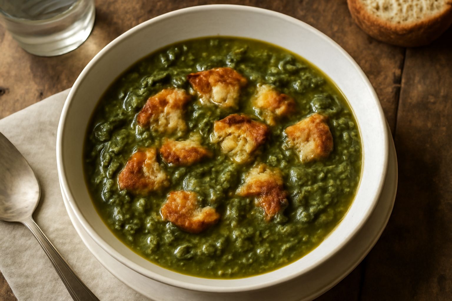 Minestra di cicoria in ciotola bianca, con pezzi di pane tostato color marrone dispersi nella zuppa verde, filo di olio extra vergine in superficie, cucchiaio di legno appoggiato sul bordo