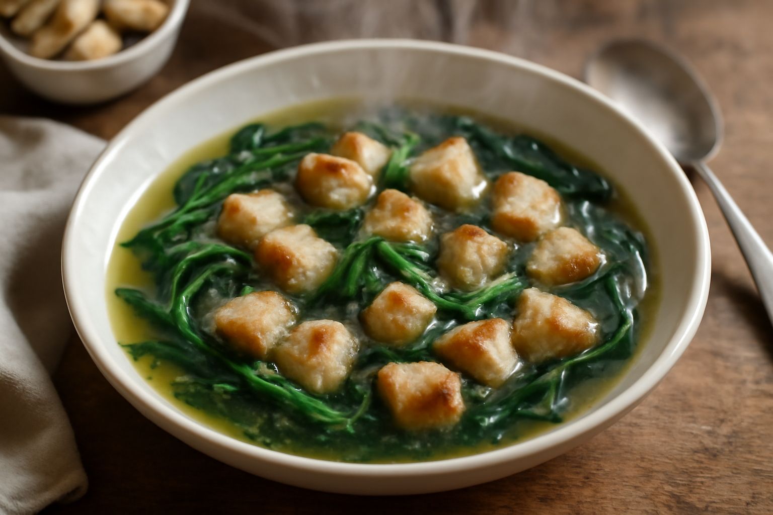 Minestra di cicoria e pani servita in un piatto fondo bianco, con cicoria verde scuro visibile nel brodo, fette di pane tostato dorate galleggianti, condita con un filo di olio d'oliva crudo e una gen
