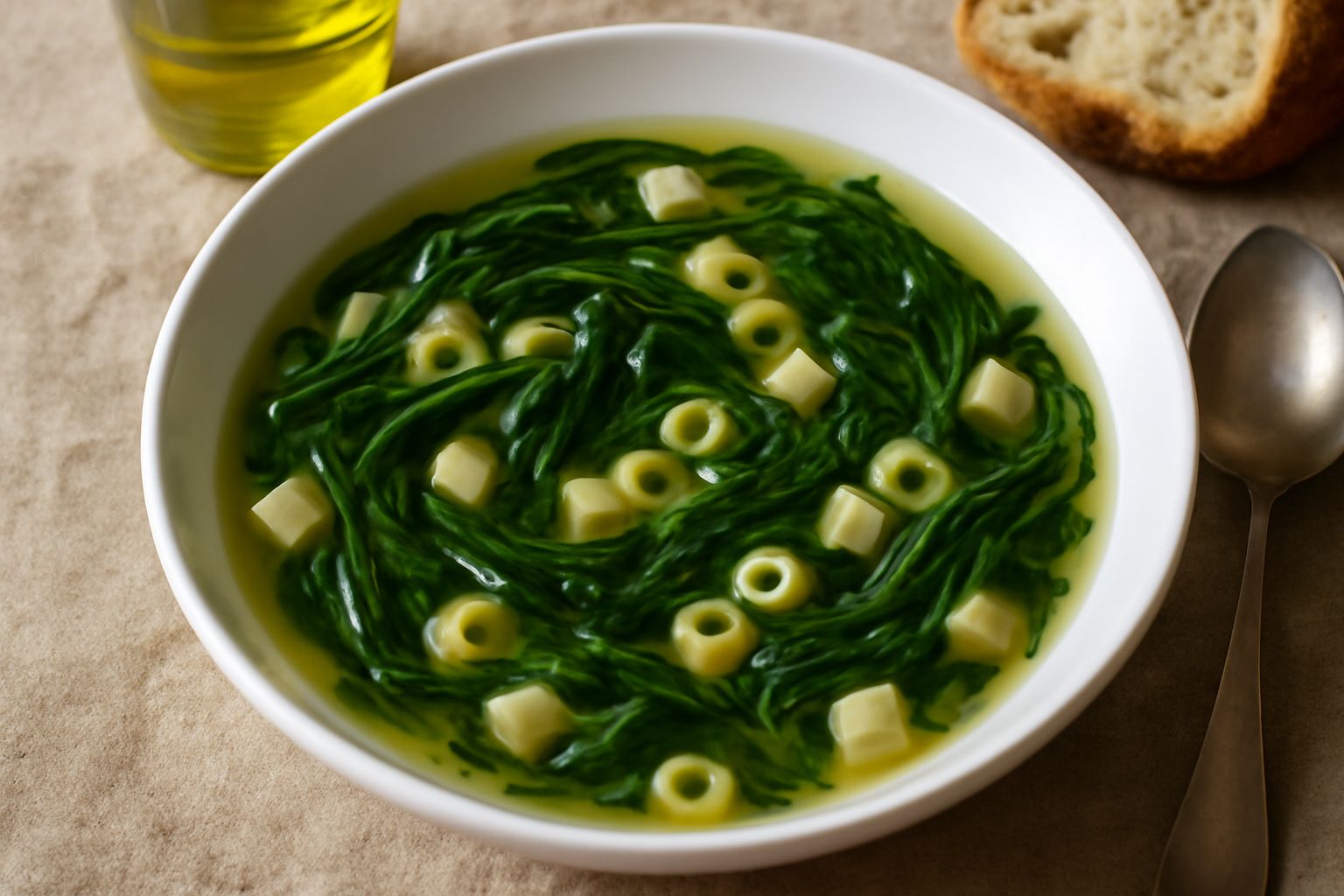 Minestra di cicoria e pasta in ciotola bianca di ceramica, con acqua trasparente che contiene fili verdi di cicoria e tubetti di pasta beige, pane tostato poggiato sul bordo, tavolo di legno naturale