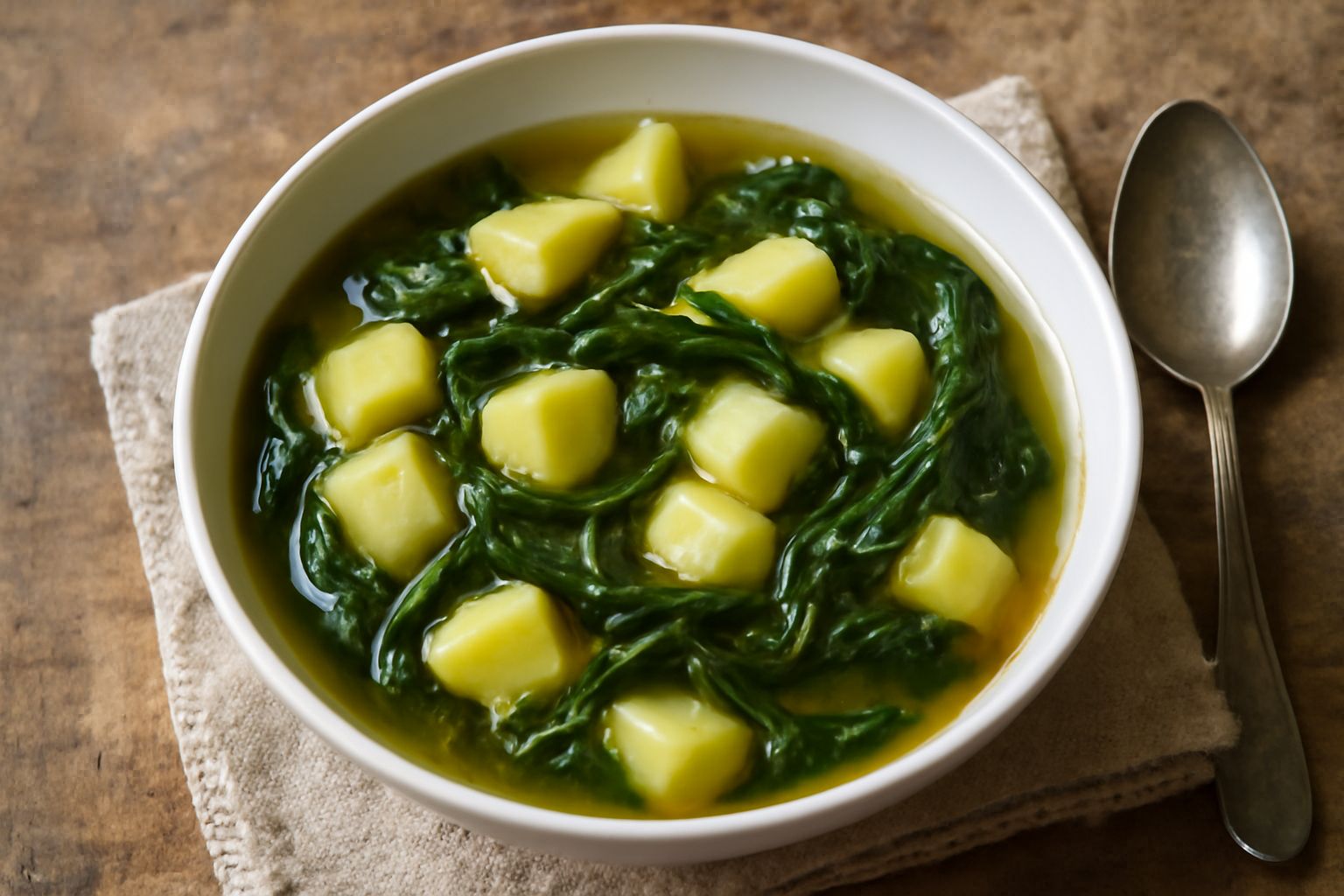 Ciotola di ceramica bianca con minestra di cicoria e patate: brodo trasparente leggermente ambrato, pezzi di patata bianca morbida, foglie di cicoria verde scuro ammorbidite, filo di olio d'oliva in s