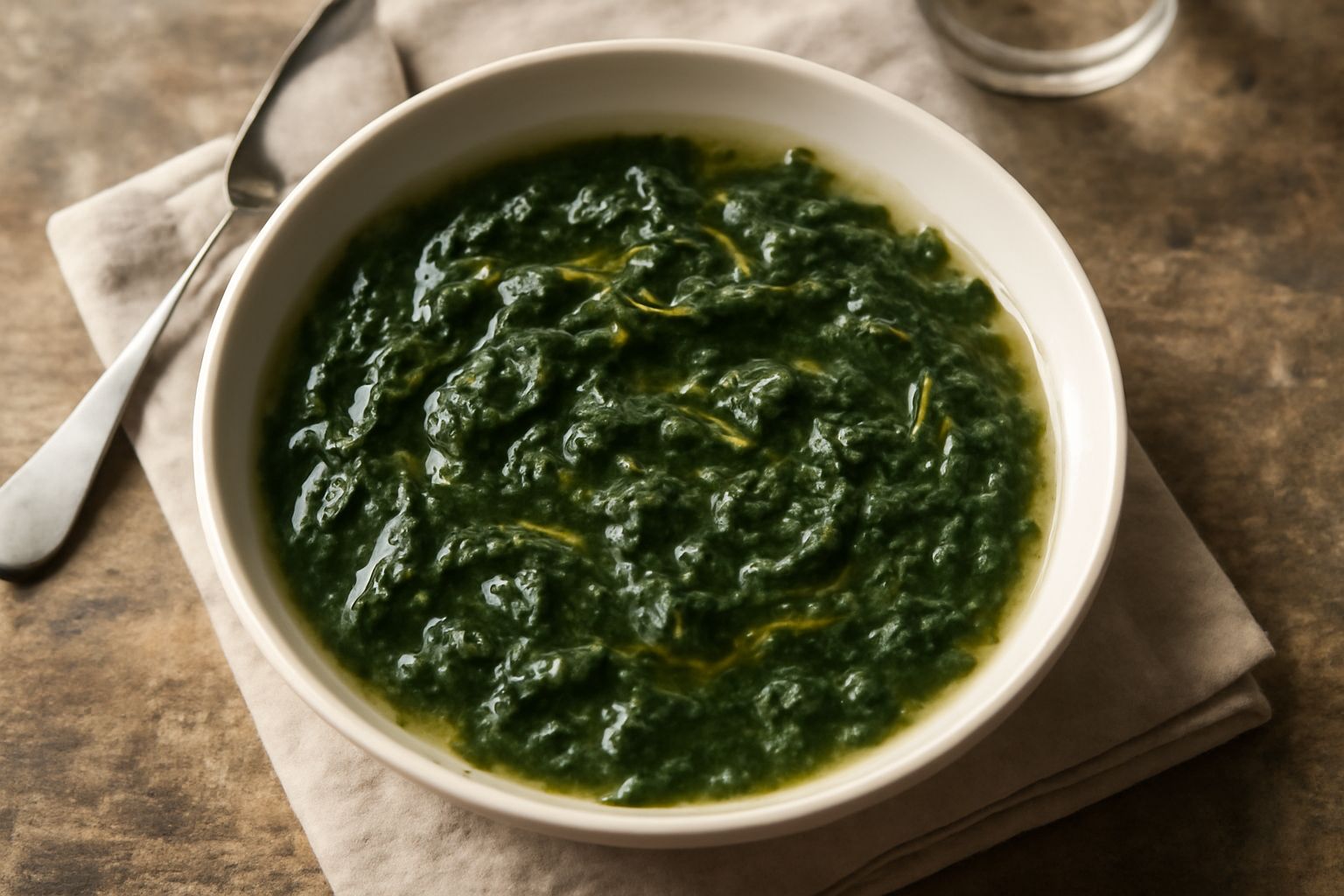 Ciotola di minestra di cicoria ripassata con pezzi di cicoria verde scuro in brodo trasparente, filo di olio d'oliva in superficie, servita in piatto bianco fondo