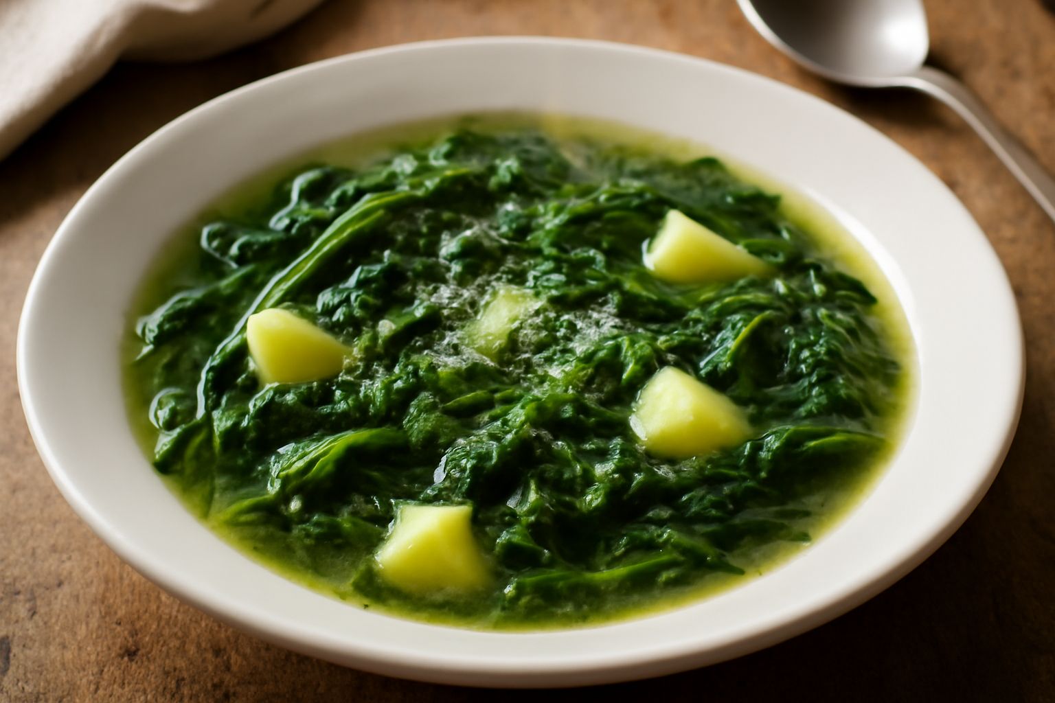 Ciotola di ceramica con minestra fumante di cicoria selvatica verde e patate pallide in brodo trasparente, filo di olio verde scuro in superficie, cucchiaio di legno appoggiato sul bordo