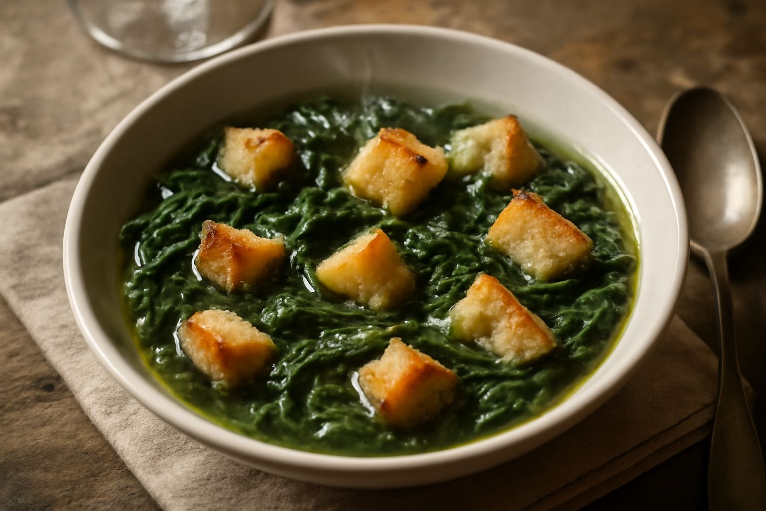 Minestra calda in ciotola bianca con cicoria verde scuro, pezzi di pane tostato dorato in superficie, olio d'oliva dorato, prezzemolo fresco verde, vapore caldo