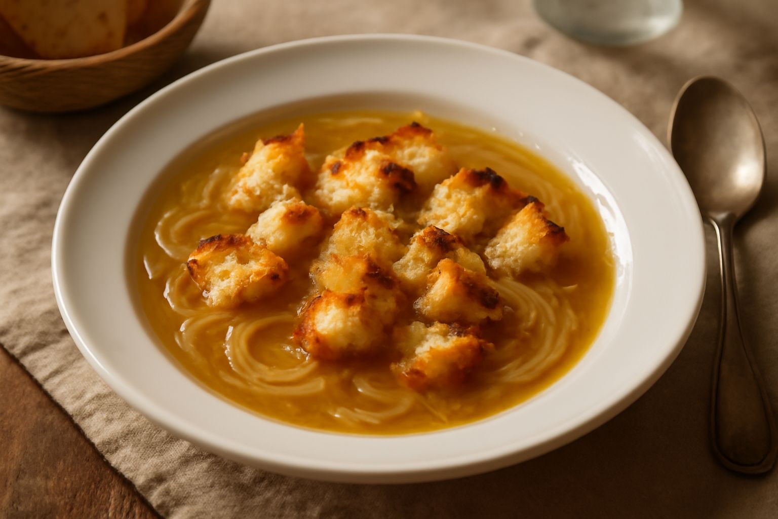 Ciotola di ceramica bianca con minestra di cipolle dorate e caramellate, brodo trasparente, fette di pane tostato al bordo, cucchiaio in acciaio, tavolo di legno scuro