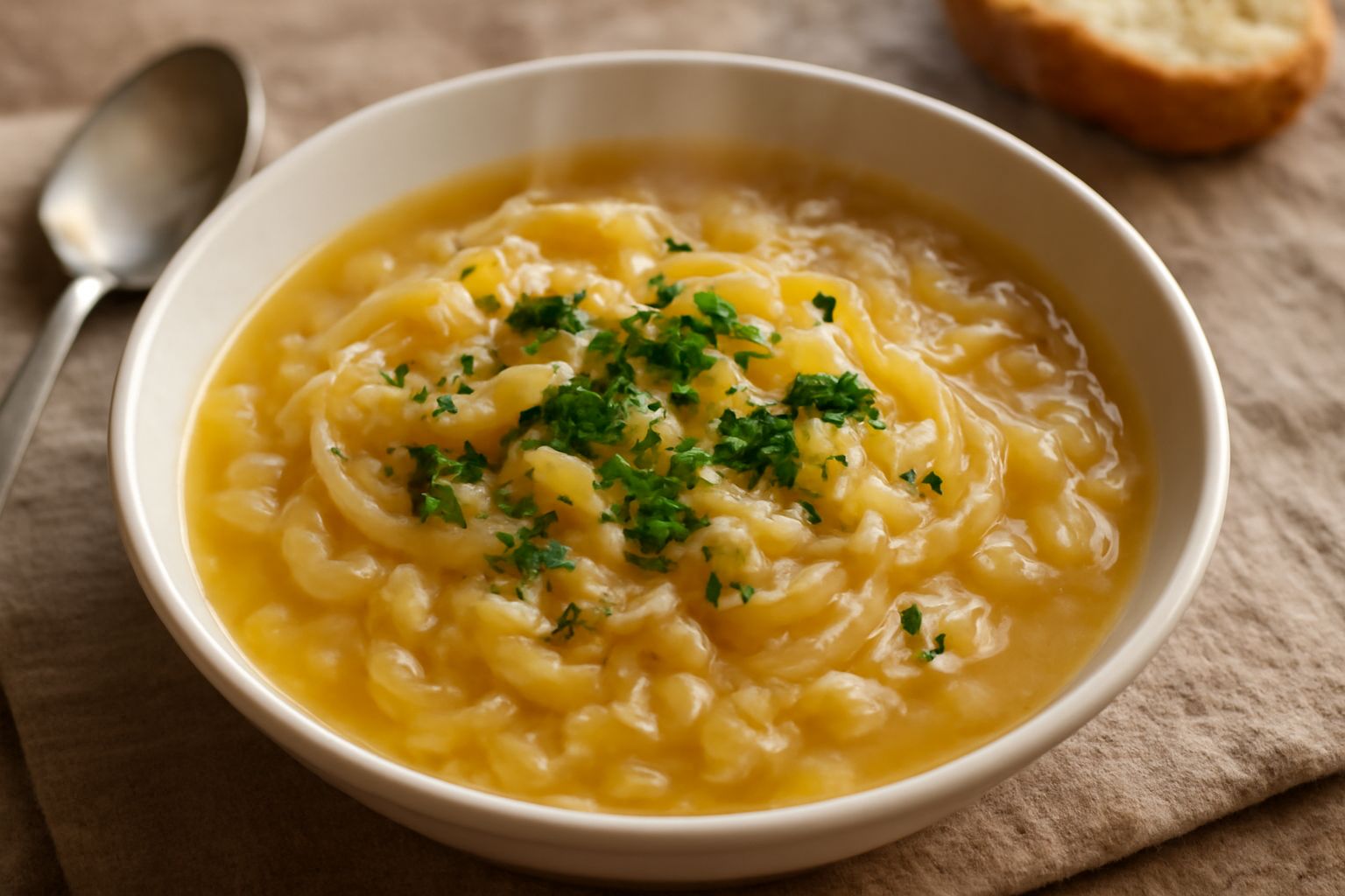Minestra di cipolle e riso in ciotola bianca, con cipolle trasparenti giallognole, chicchi di riso visibili nel brodo caldo, guarnita con prezzemolo fresco verde e un filo d'olio d'oliva in superficie