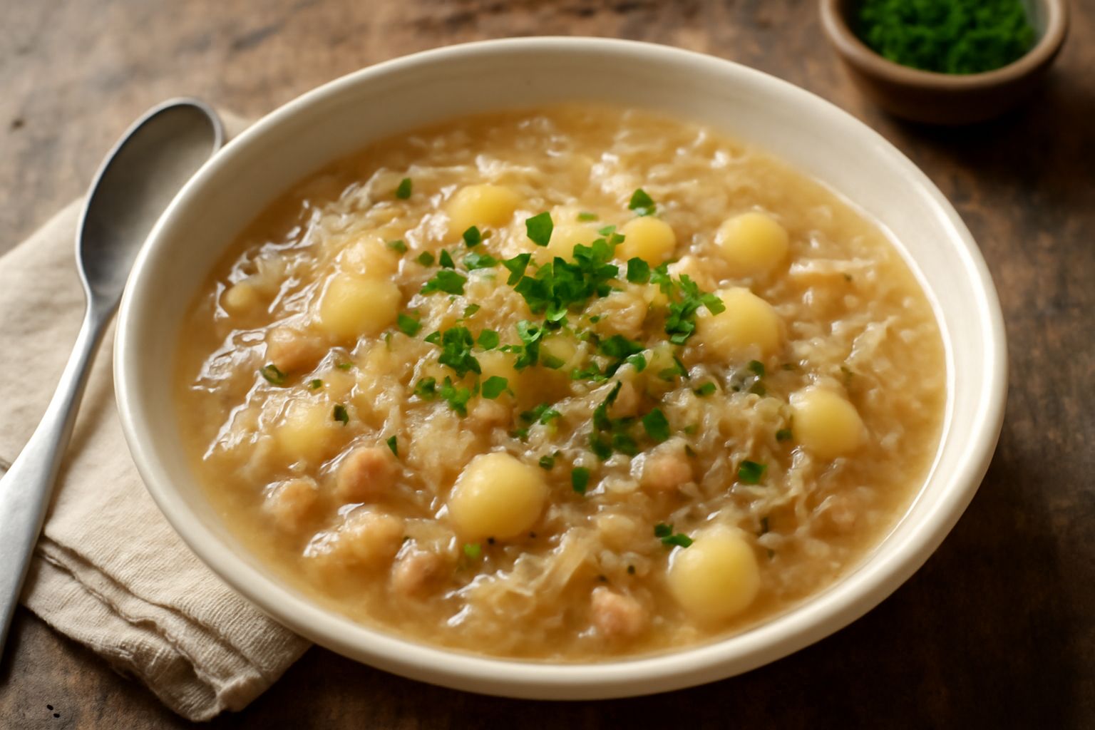 Una ciotola di minestra di crauti fumante, con i crauti bianchi e leggermente aciduli visibili nel brodo trasparente, patate morbide tagliate a dadini, qualche fagiolo bianco, spolverata di prezzemolo