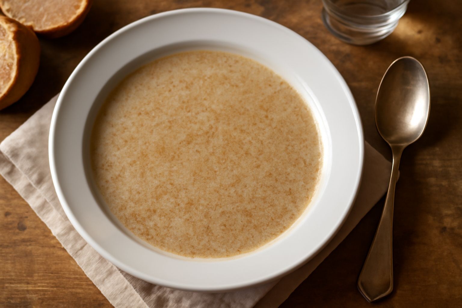 Una ciotola di ceramica bianca con minestra di crusca di frumento tiepida, di colore beige-marrone, con una leggera cremosità in superficie, un filo d'olio d'oliva verdastro, pane tostato a fette acca