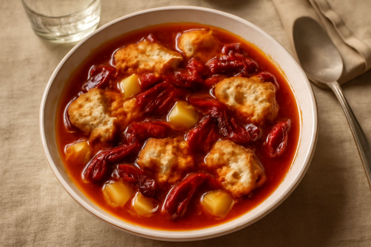 Minestra di cruschi in una ciotola di terracotta bianca, con brodo rosso-arancio che contiene fette di pane ammorbidito, pezzetti di patata cotta e peperoni secchi rossi, guarnita con un filo di olio 