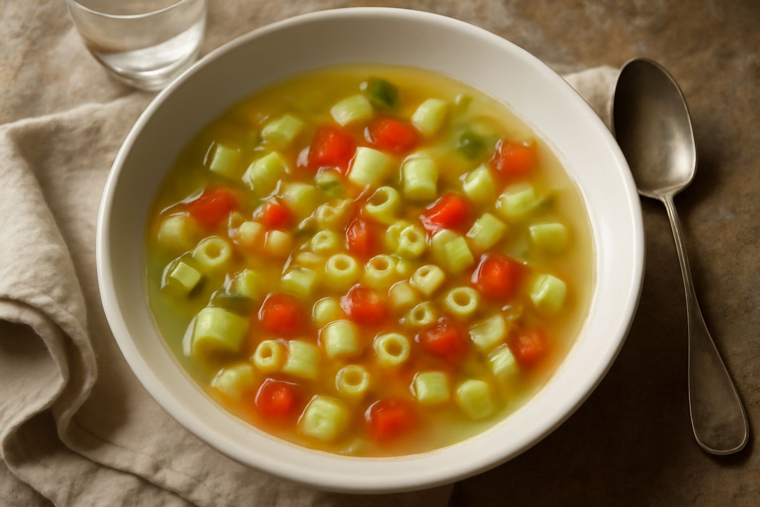 Una ciotola bianca di minestra di cucuzza con pezzi di zucchina verde, pasta corta, pomodori rossi e brodo trasparente, guarnita con basilico fresco e parmigiano grattugiato