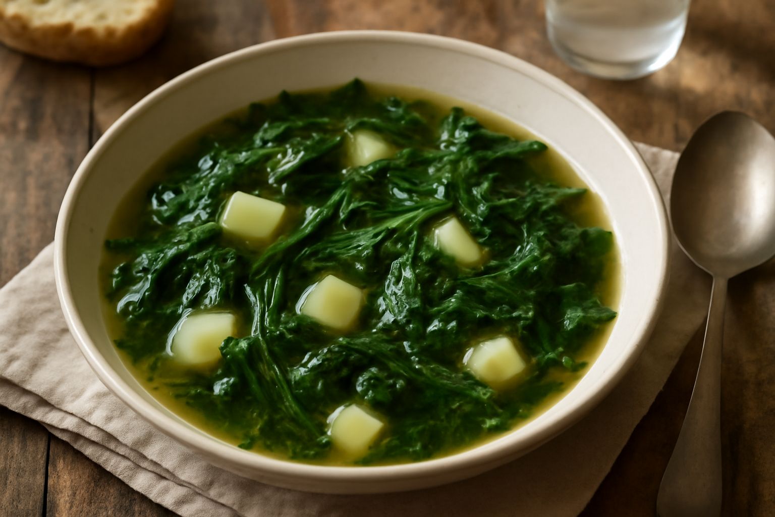 Minestra di erbe di campo in ciotola bianca, con frammenti di patate cremose, erbe verdi e amaranto, brodo trasparente ambrato, pane tostato sul bordo, tavolo in legno rustico