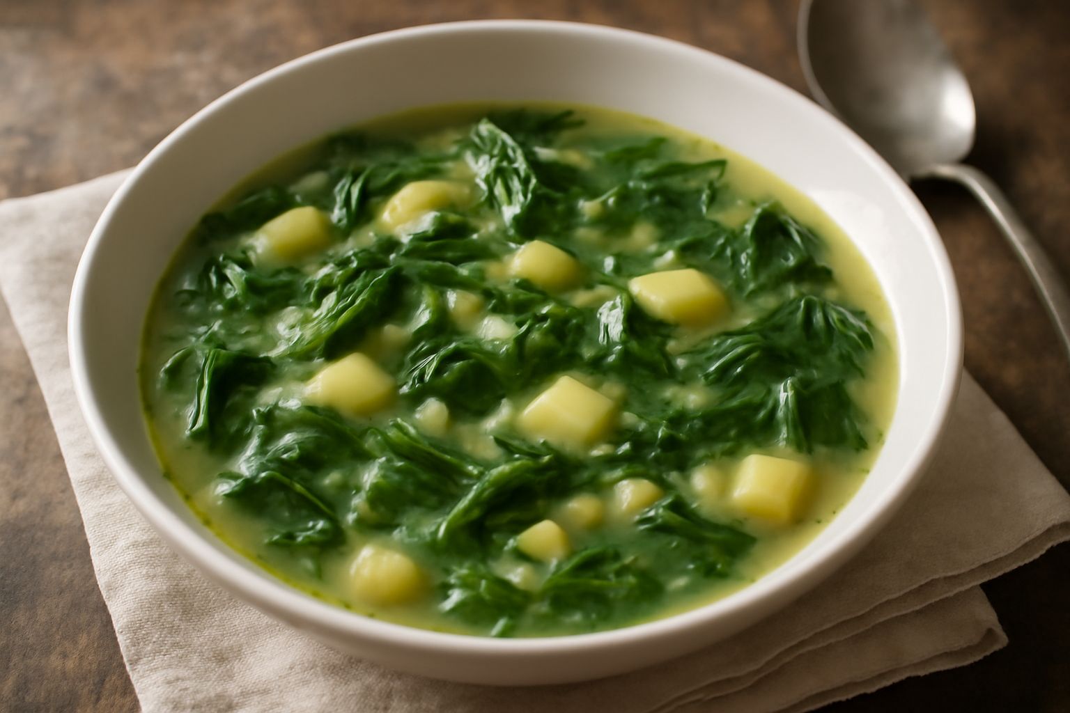 Minestra di erbette in ciotola bianca, con foglie verdi visibili nel brodo, accompagnata da fette di pane tostato e un goccio di olio d'oliva in superficie