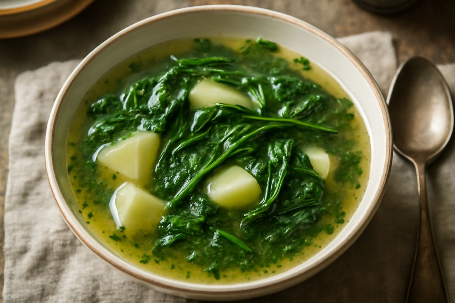 Una ciotola di minestra di erbucce color verde pallido con pezzi di patata, foglie verdi visibili nel brodo trasparente, cucchiaio di legno dentro, piatto bianco su tovaglia di lino beige
