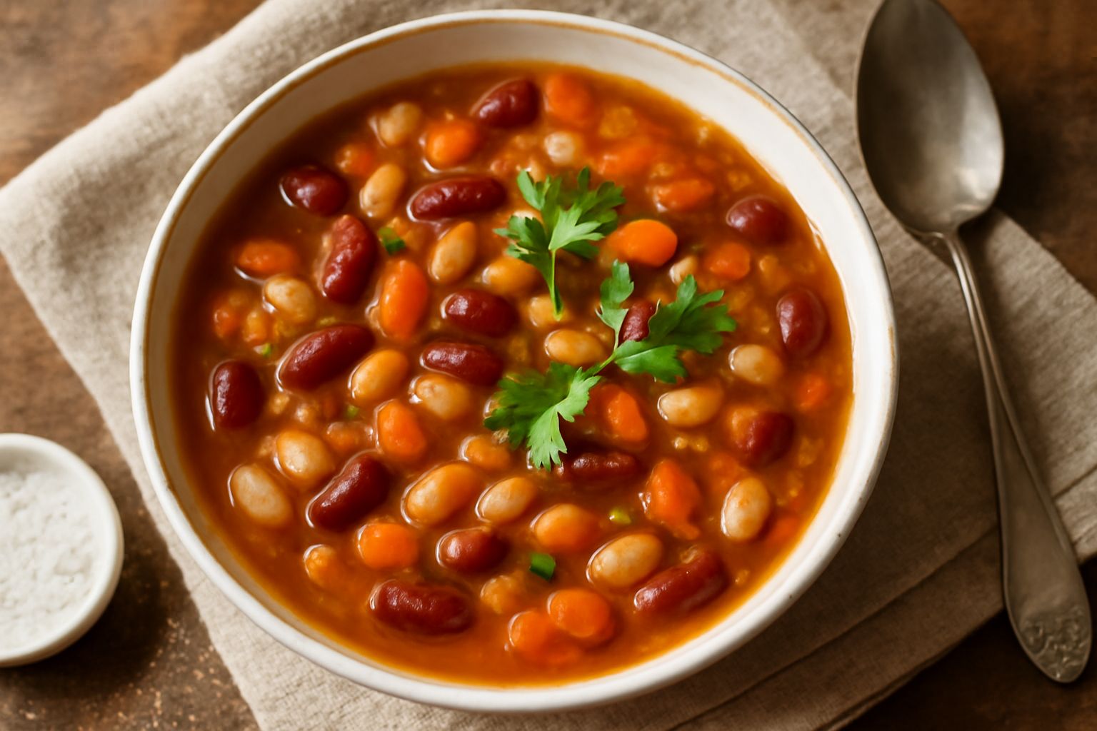 Una ciotola di terracotta piena di minestra di fagioli rossi e bianchi, con carote tagliate a dadini, sedano e prezzemolo fresco in superficie, brodo caldo che copre parzialmente i fagioli, pane tosta