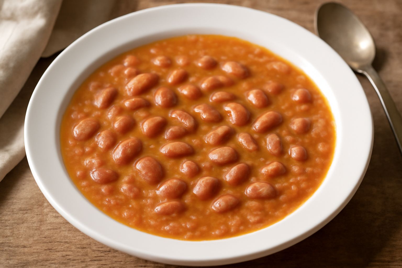 Ciotola di minestra di fagioli borlotti cremosa, con fagioli screziati rossi e bianchi ben visibili nel brodo, cipolla e carota morbida, un filo d'olio extravergine in superficie, cucchiaio in ciotola