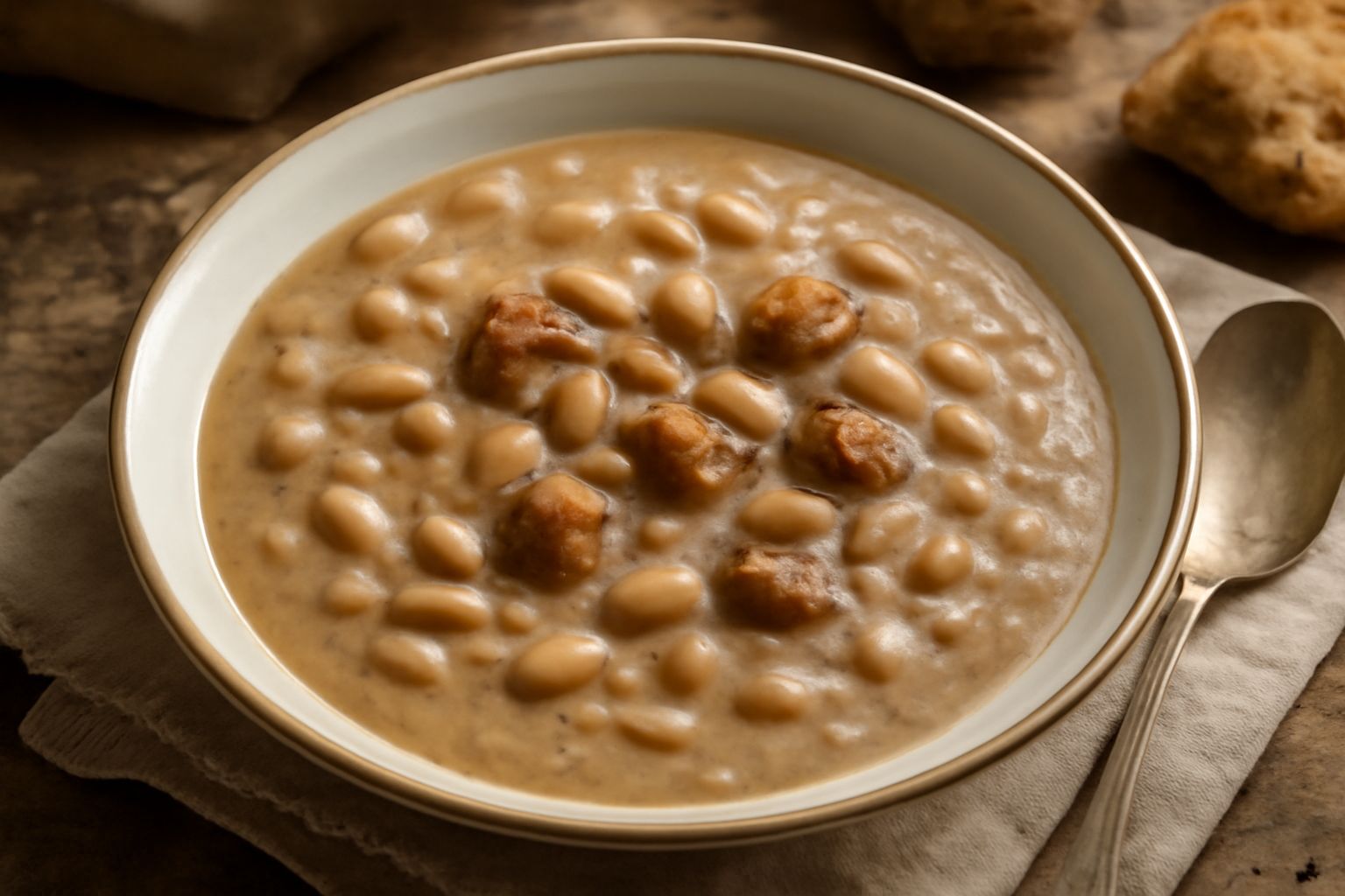 Minestra di fagioli e castagne in ciotola bianca, con fagioli color marrone chiaro distribuiti nel brodo, castagne visibili a spezzoni, superficie cremosa di colore beige, cucchiaio in acciaio sul bor