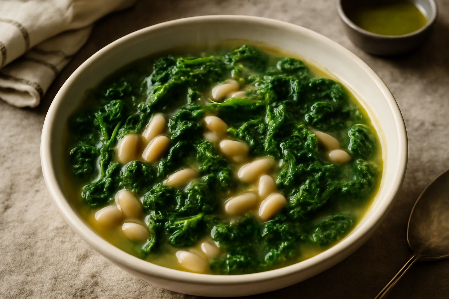Una ciotola bianca piena di minestra fumante con fagioli bianchi e pezzi di cavolo verde scuro immersi in brodo trasparente, un filo di olio d'oliva in superficie, pane tostato accanto