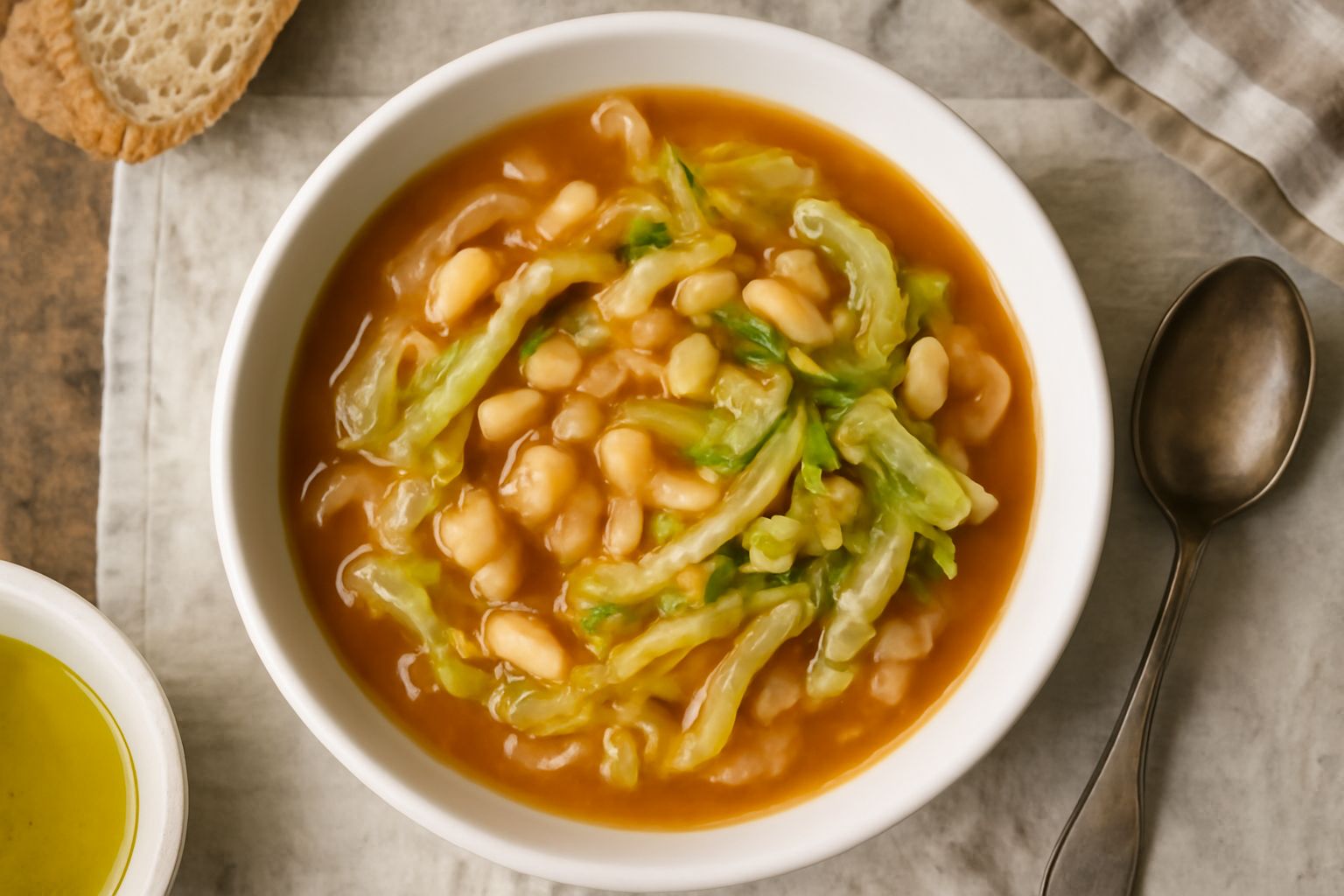 Una ciotola bianca con minestra di fagioli e cavolo: brodo trasparente color ambra, fagioli bianchi o rossi visibili, cavolo tagliato a strisce, un filo d'olio in superficie, cucchiaio di legno appogg