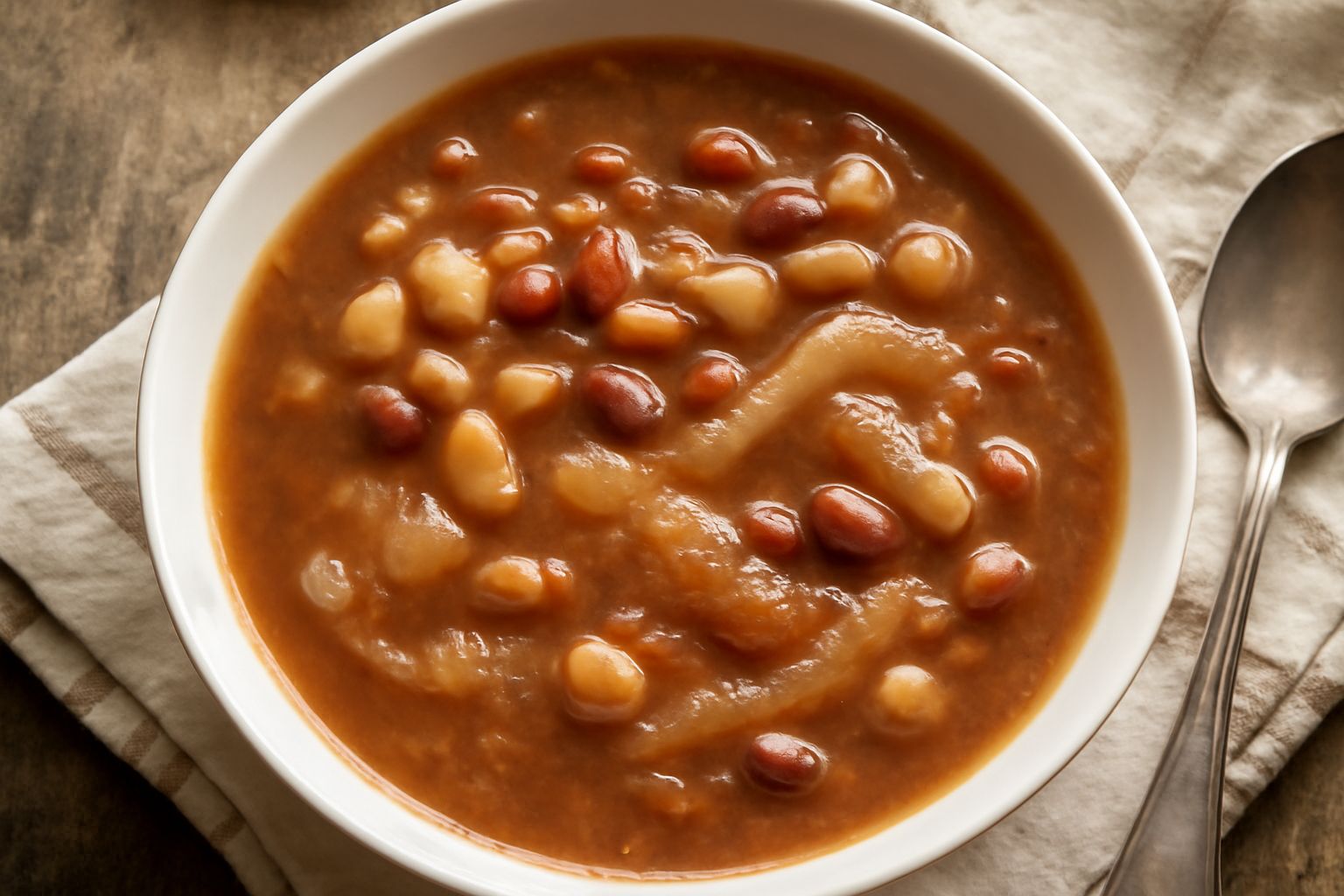 Minestra di fagioli e cotiche in una ciotola bianca, con fagioli rossi e bianchi visibili, pezzi di cotiche traslucide, brodo ambrato, prezzemolo verde fresco in superficie, cucchiaio di legno di lato