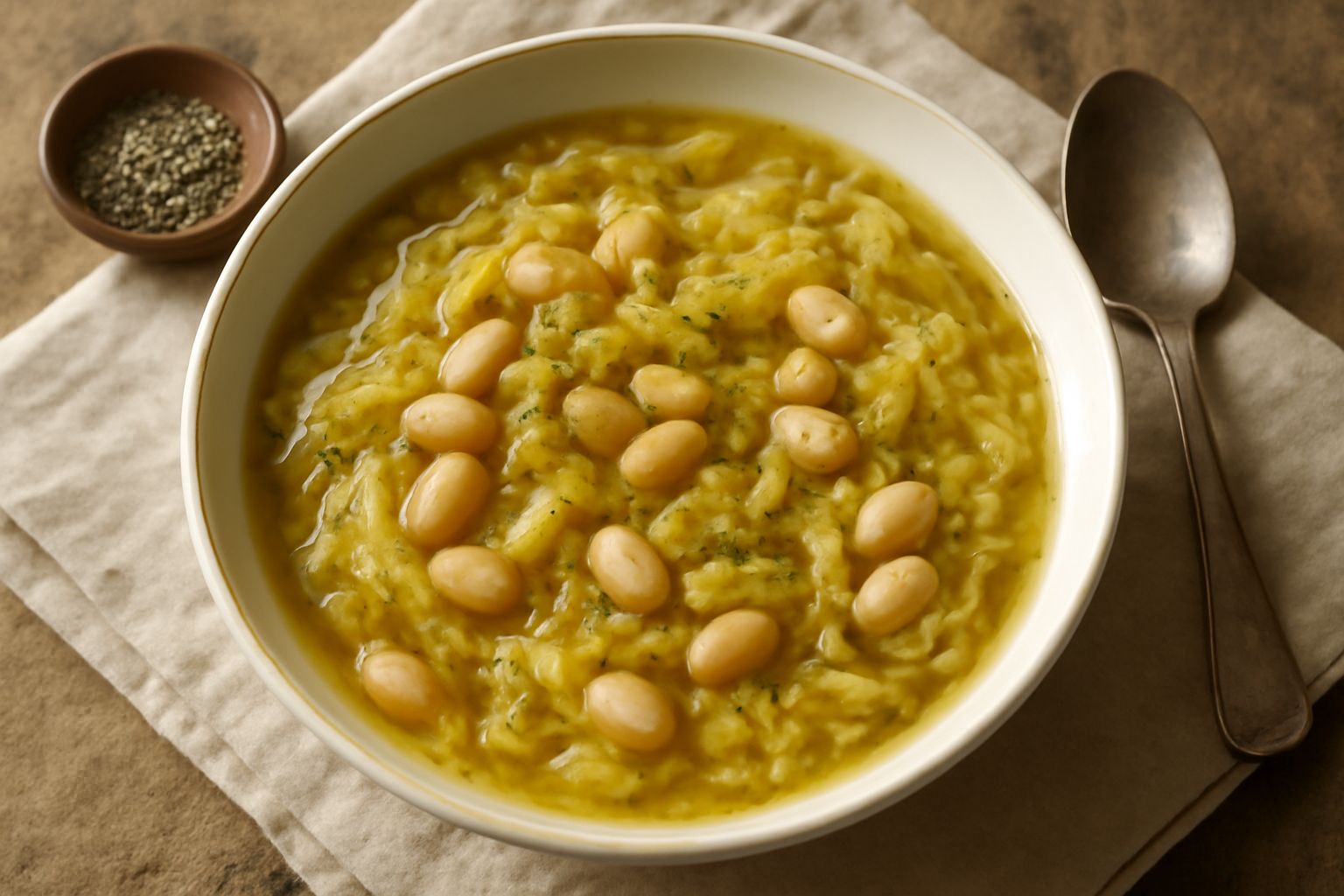 Ciotola di ceramica bianca con minestra di fagioli bianchi e crauti tagliati, brodo trasparente, pepe nero in superficie, cucchiaio di legno dentro