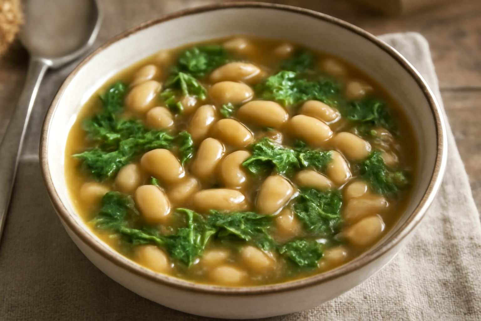 Ciotola di minestra con fagioli rossi e bianchi, foglie di malva verde chiaro, olio d'oliva dorato in superficie, pane tostato a lato, su tavolo di legno