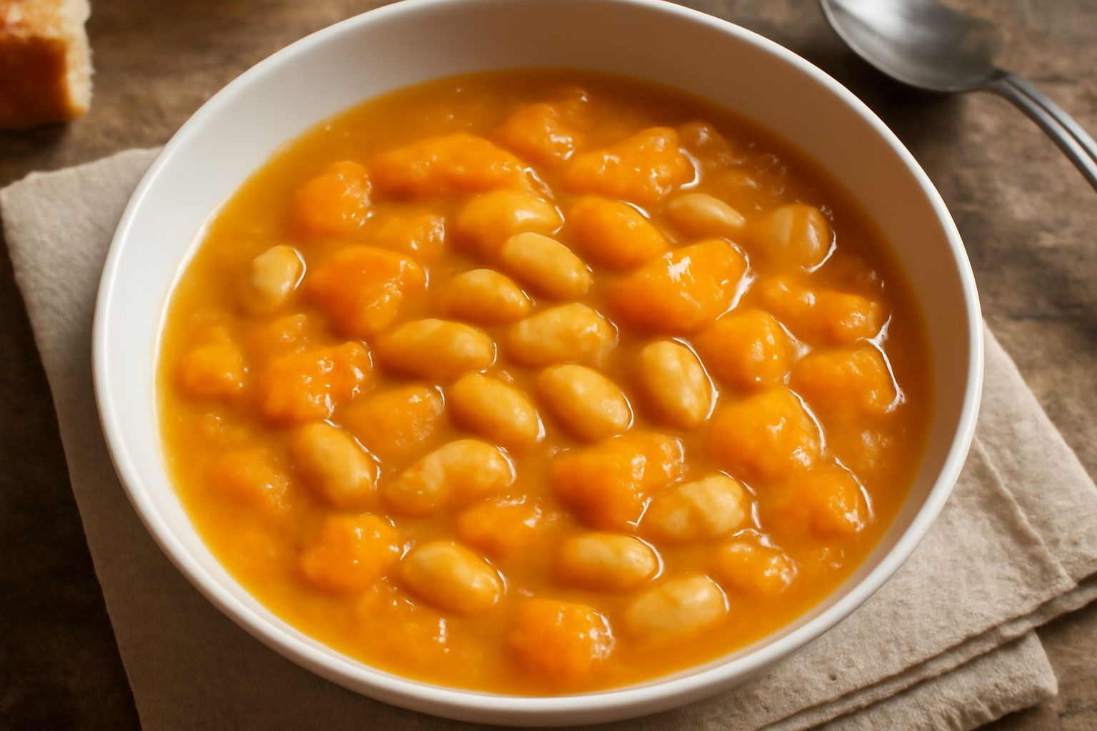 Minestra di fagioli bianchi e zucca in ciotola bianca, con colore arancione della zucca visibile, fagioli cremosi in brodo leggero, decorata con rametto di rosmarino fresco verde