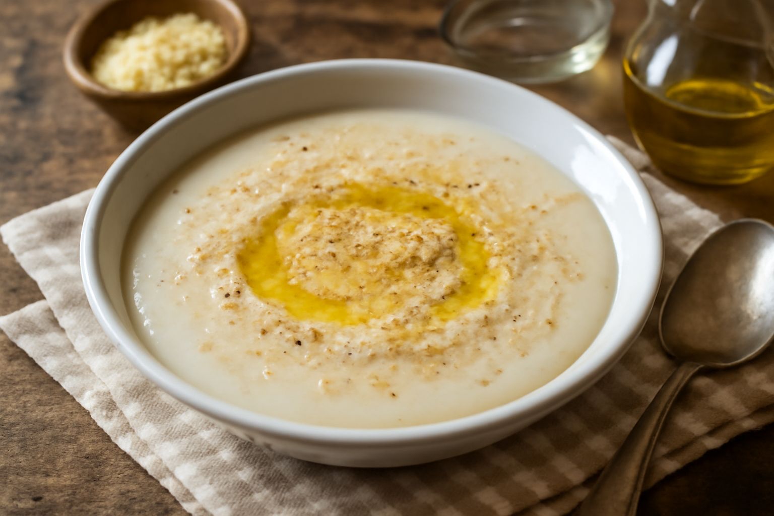 Una ciotola di minestra di farina color avorio cremosa, con filo di olio verde sulla superficie, decorata con pepe nero e parmigiano grattugiato finemente, su tavolo di legno naturale