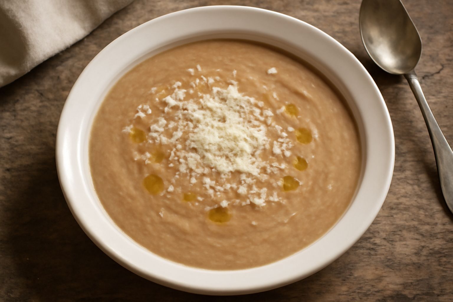 Una ciotola di minestra cremosa beige con una nuvola di parmigiano grattugiato in superficie, condita con burro dorato, servita in piatto bianco su tavolo di legno chiaro.