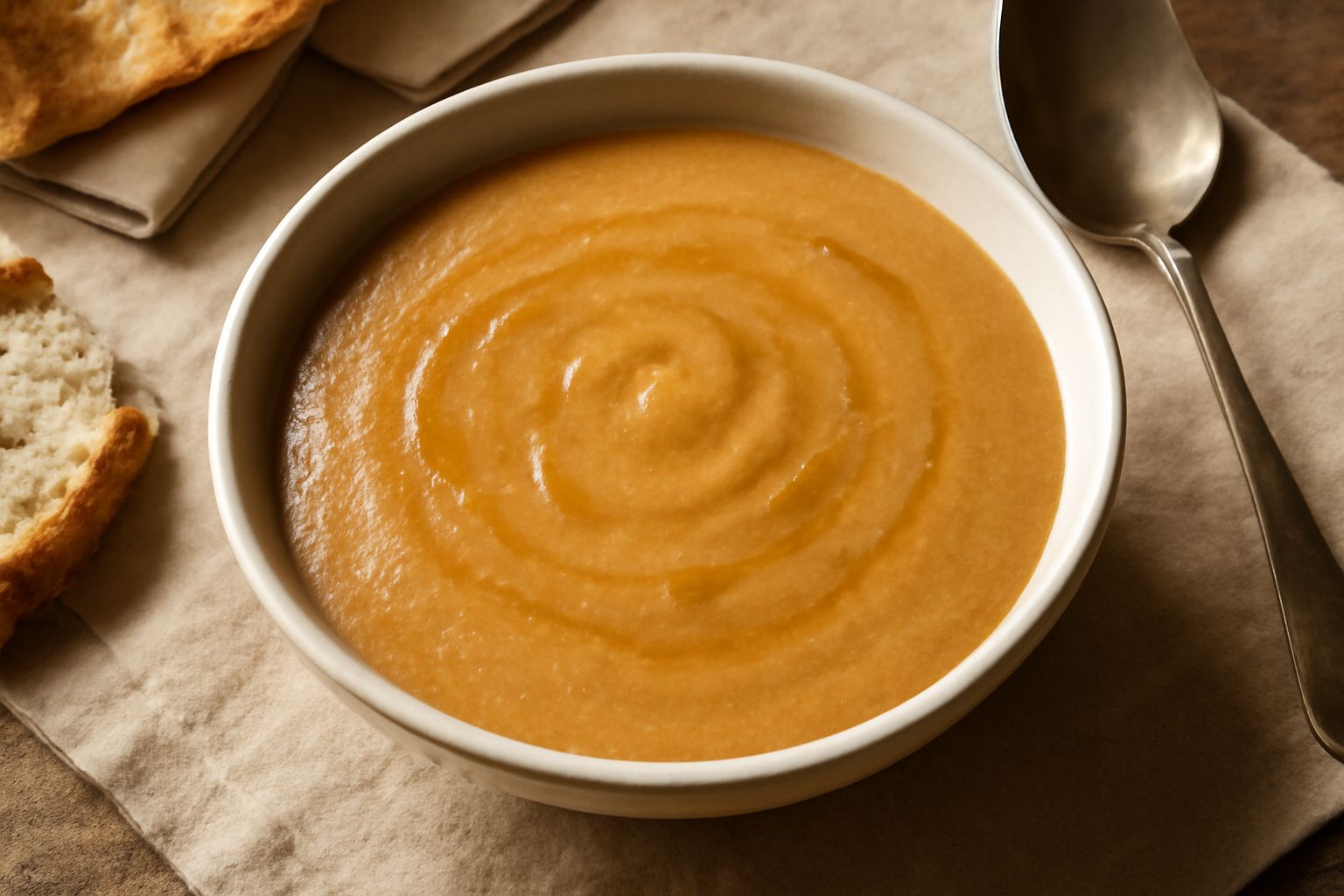 Ciotola di ceramica grigia con minestra di farina brustolata cremosa di colore beige dorato, guarnita con un filo d'olio verde scuro, pane tostato grigio a lato, su tavolo di legno naturale