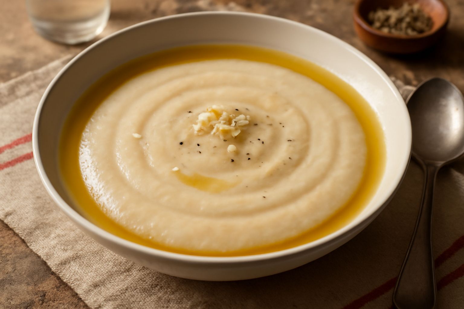 Una ciotola di ceramica bianca con minestra di farina d'avena color avorio, cremosa e liscia, con un filo di olio extravergine in superficie, accompagnata da un cucchiaio di legno e una fetta di pane 