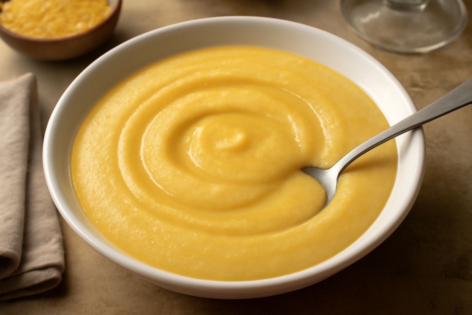 Minestra di farina di granturco servita in una ciotola bianca, colore giallo oro uniforme, cremosa, con un filo di olio verde in superficie, contorno di cucchiaio di legno e pane tostato accanto