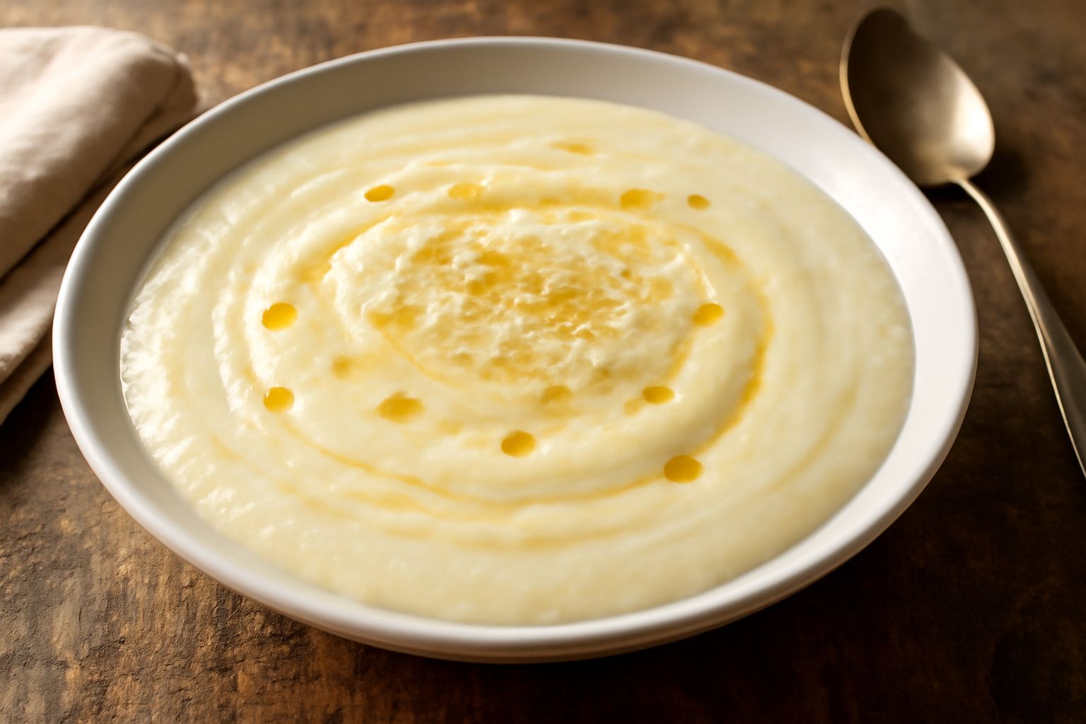 Minestra di farina di mais cremosa e bianca in ciotola di ceramica, guarnita con pepe nero e gocce di olio, con cucchiaio immerso dentro, vapore appena visibile