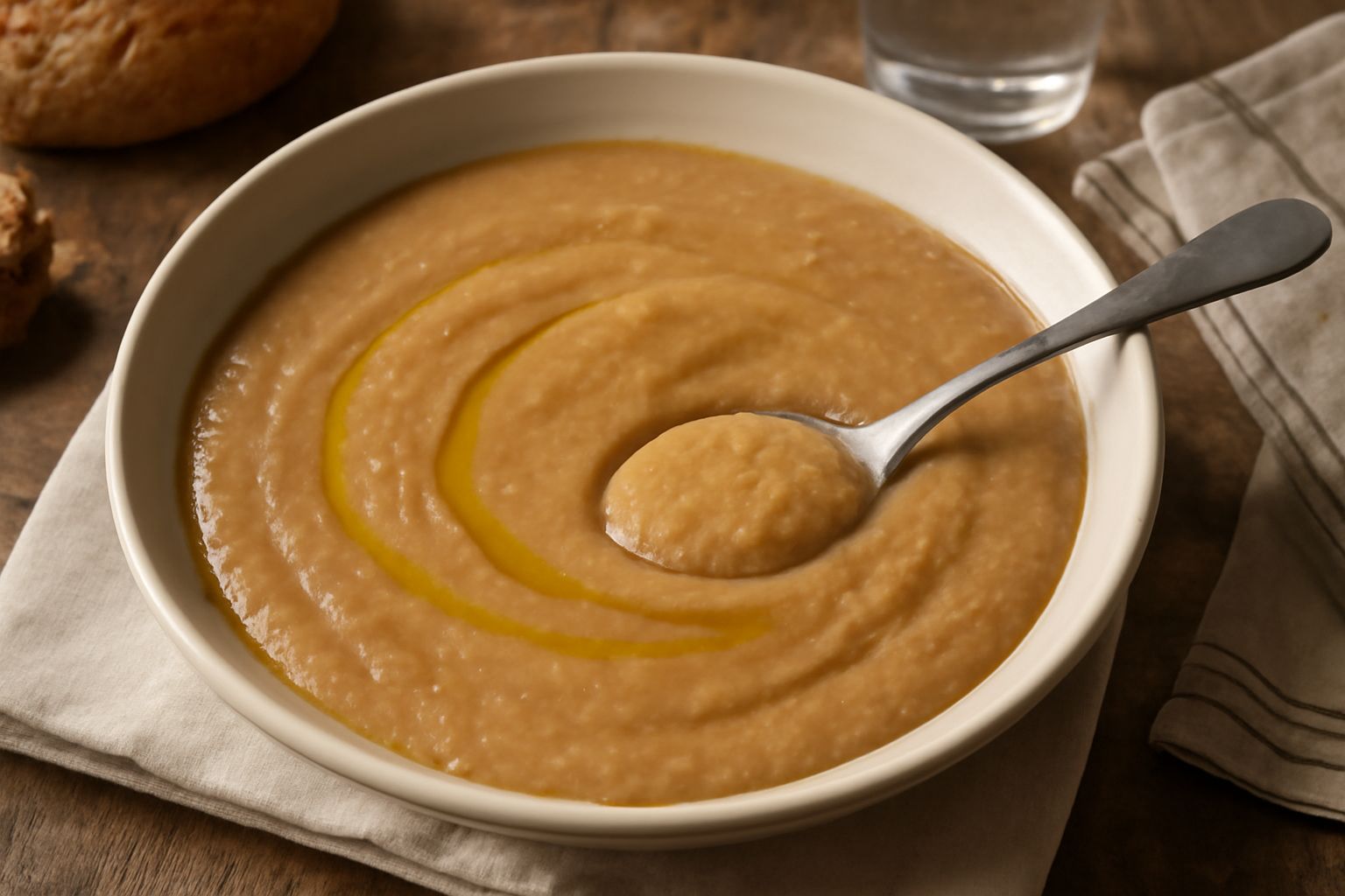 Ciotola di ceramica bianca con minestra di farina d'orzo dal colore beige-marrone, consistenza cremosa e densa, superficie levigata con leggera ondulazione dovuta al cucchiaio, condita con filo d'olio