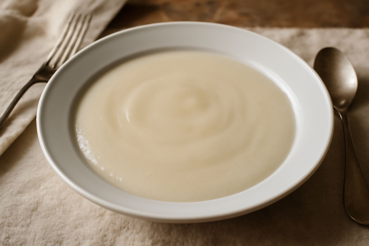 Piatto di minestra di farina e brodo color crema in ciotola bianca, con una cucchiaiata sollevata che mostra la consistenza vellutata, brodo limpido e fumante, servito su tavolo di legno