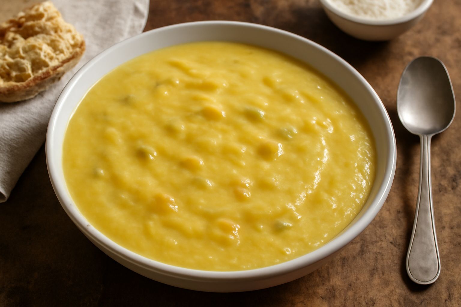 Una ciotola bianca con minestra di farinata cremosa, di colore giallo dorato, con zucchina, carota e sedano visibili nel brodo caldo, guarnita con prezzemolo fresco