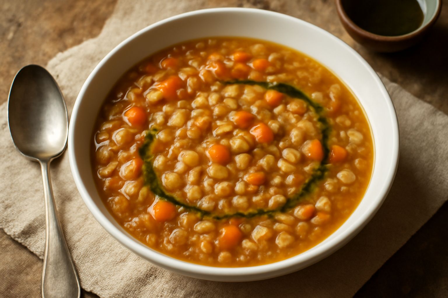 Minestra di farro in ciotola di ceramica grigia, con chicchi dorati e trasparenti visibili nel brodo caldo, verdure tagliate a dadini, filetto di olio verde e pane tostato accanto