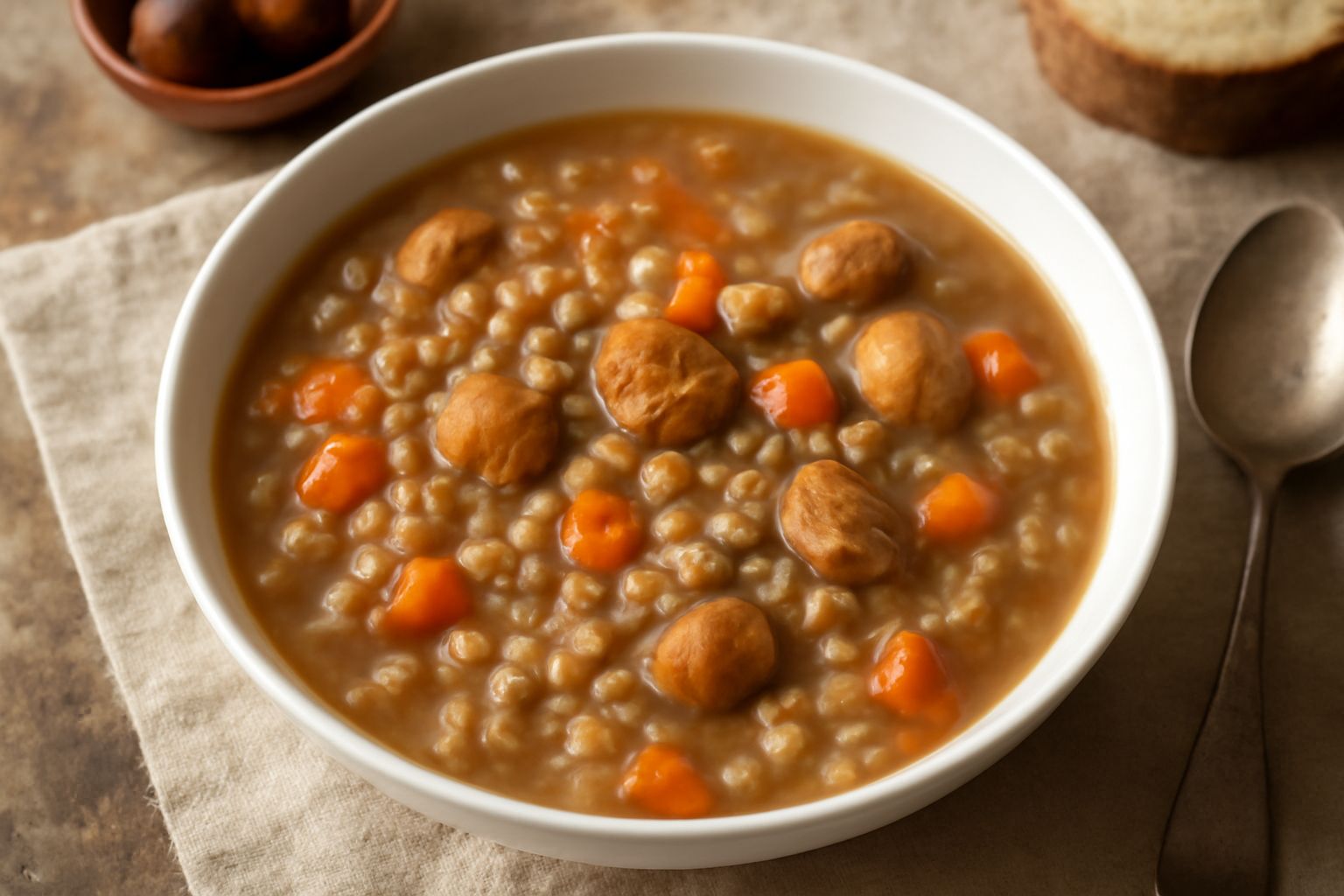 Minestra di farro e castagne servita in ciotola bianca, con chicchi di farro visibili, pezzi di castagna dorati e fetta di cipolla rosso scuro in superficie, brodo trasparente, foglia di salvia verde,