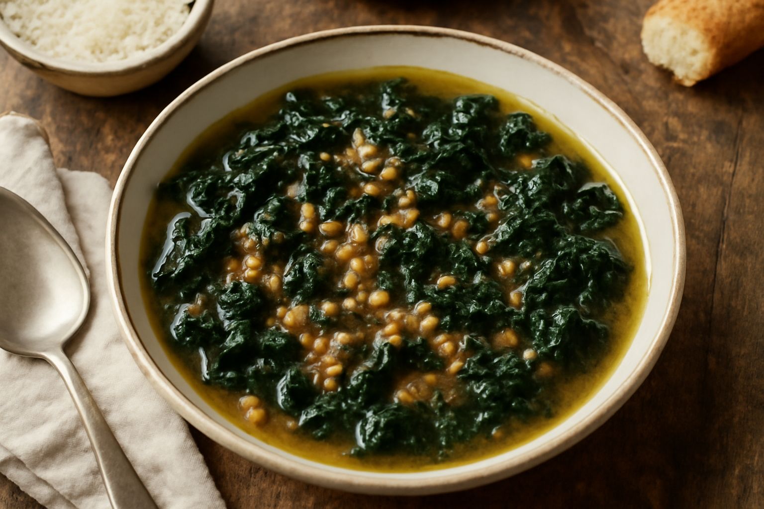 Minestra di farro e cavolo nero in ciotola bianca, con chicchi di farro visibili in brodo trasparente, cavolo nero scuro in pezzi irregolari, finitezza con filo d'olio d'oliva verde sulla superficie, 