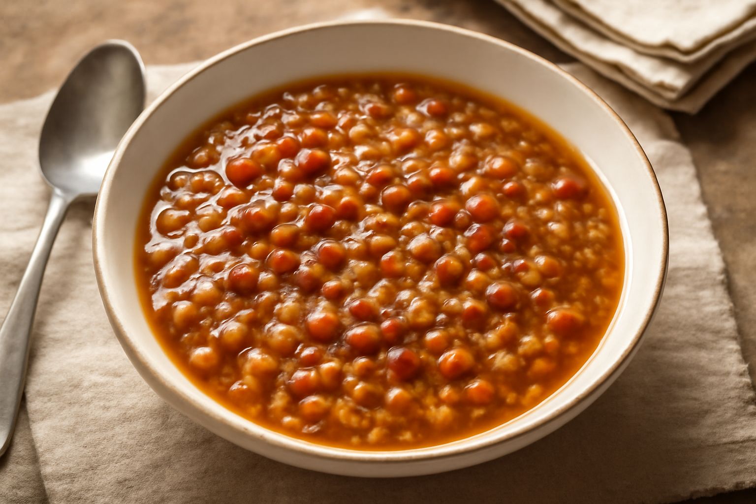 Minestra di farro e cicerchia in ciotola di ceramica bianca, liquido chiaro color brodo con chicchi di farro visibili, cicerchie rosse e nere sparse, sedano e carota morbidi nella minestra, gocce di o