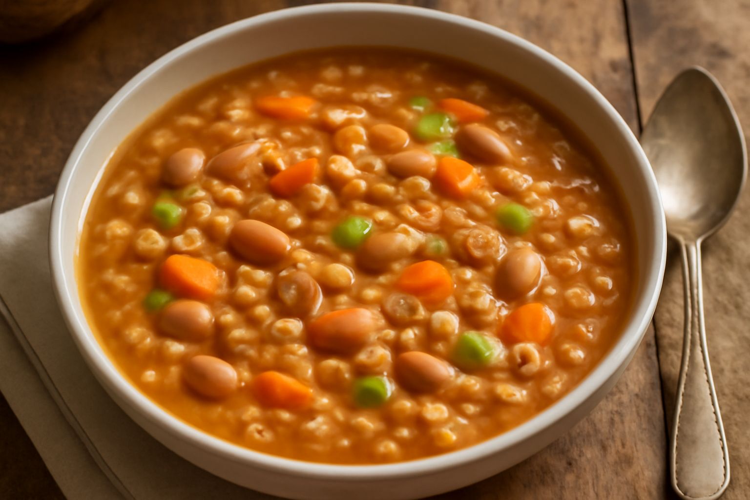 Minestra di farro e fagioli in ciotola di ceramica bianca, brodo trasparente color nocciola con chicchi di farro gonfi, fagioli interi color marrone, carota e sedano affettati, prezzemolo fresco verde