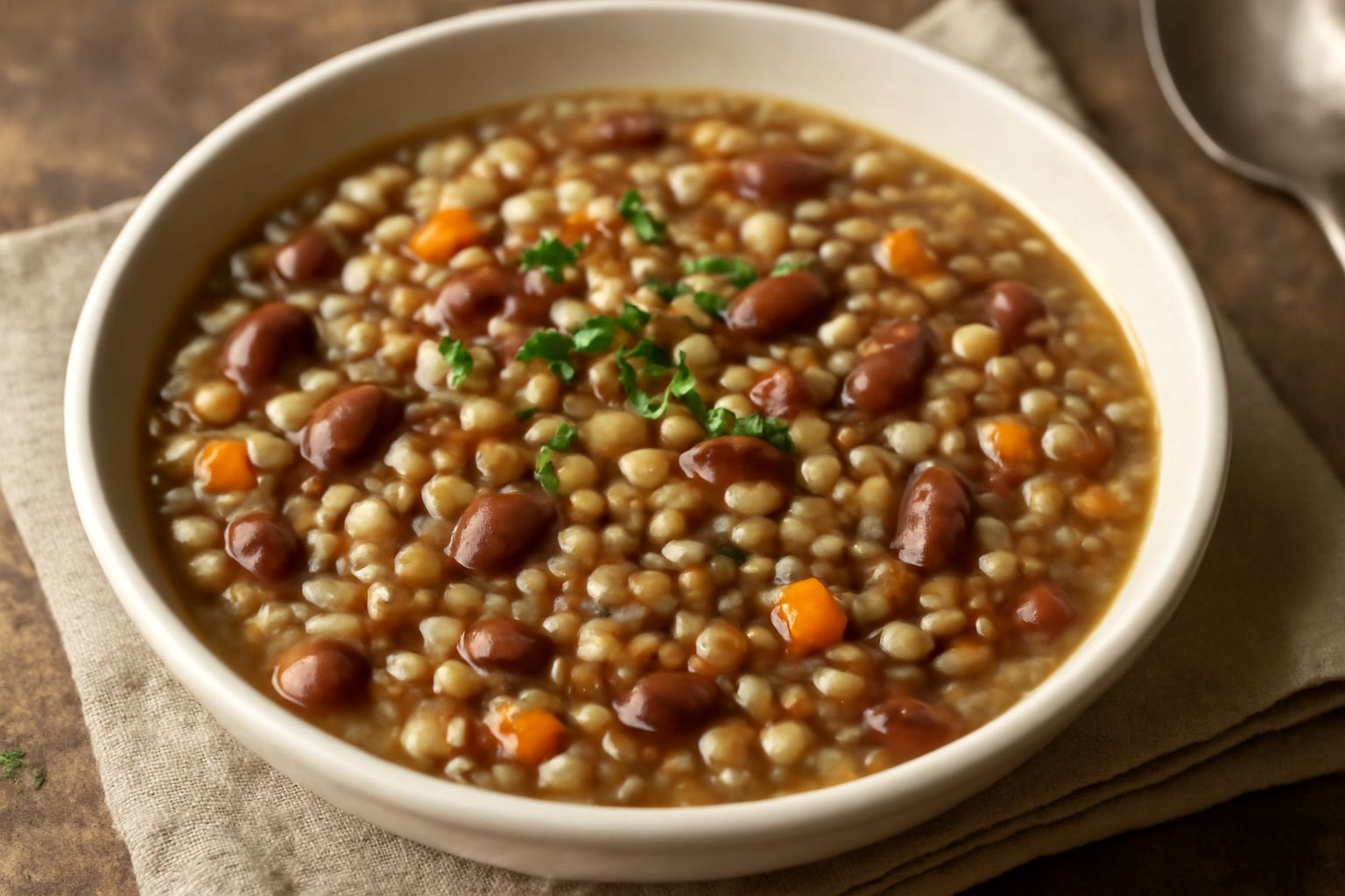 Una ciotola di ceramica bianca contenente minestra densa di farro e legumi misti in brodo trasparente, con dadini di carota arancioni visibili, farro gonfi e pallidi, fagioli rossi scuri, lenticchie m