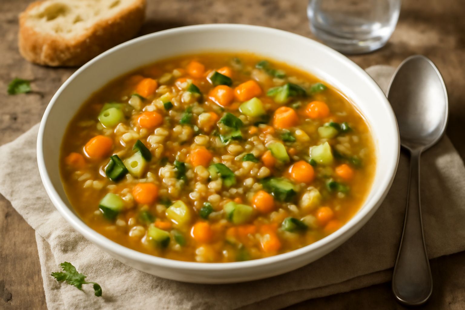 Una ciotola di ceramica bianca con minestra di farro e verdure, farro visibile nel brodo, carote tagliate a dadini, sedano, zucchina verde, gambo di prezzemolo fresco sopra, vapore leggero, sfondo cuc
