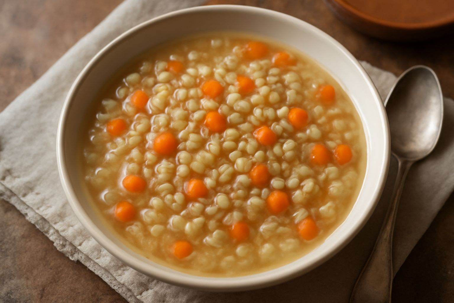 Una ciotola di minestra di farro perlato con chicchi visibili, carote e sedano a dadini, brodo trasparente, guarnitura di prezzemolo fresco, cucchiaio di legno, pane tostato sul bordo