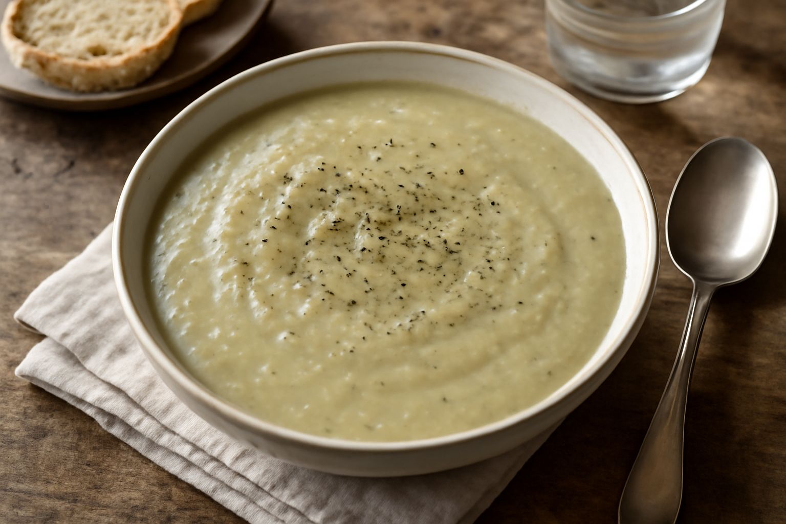 Una ciotola in ceramica bianca con minestra di fava beige-verde, cremosa, decorata con un filo di olio verde oliva e una foglia di menta fresca, su un tavolo di legno grigio con un cucchiaio ai lati.